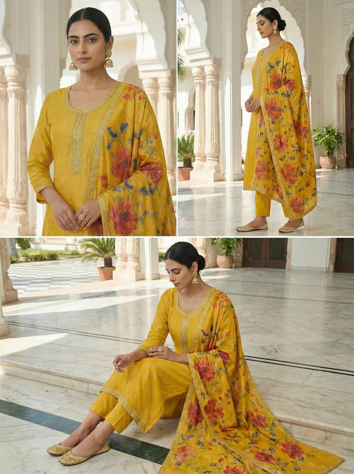 Neerus Yellow silk digital printed suit set - side view
