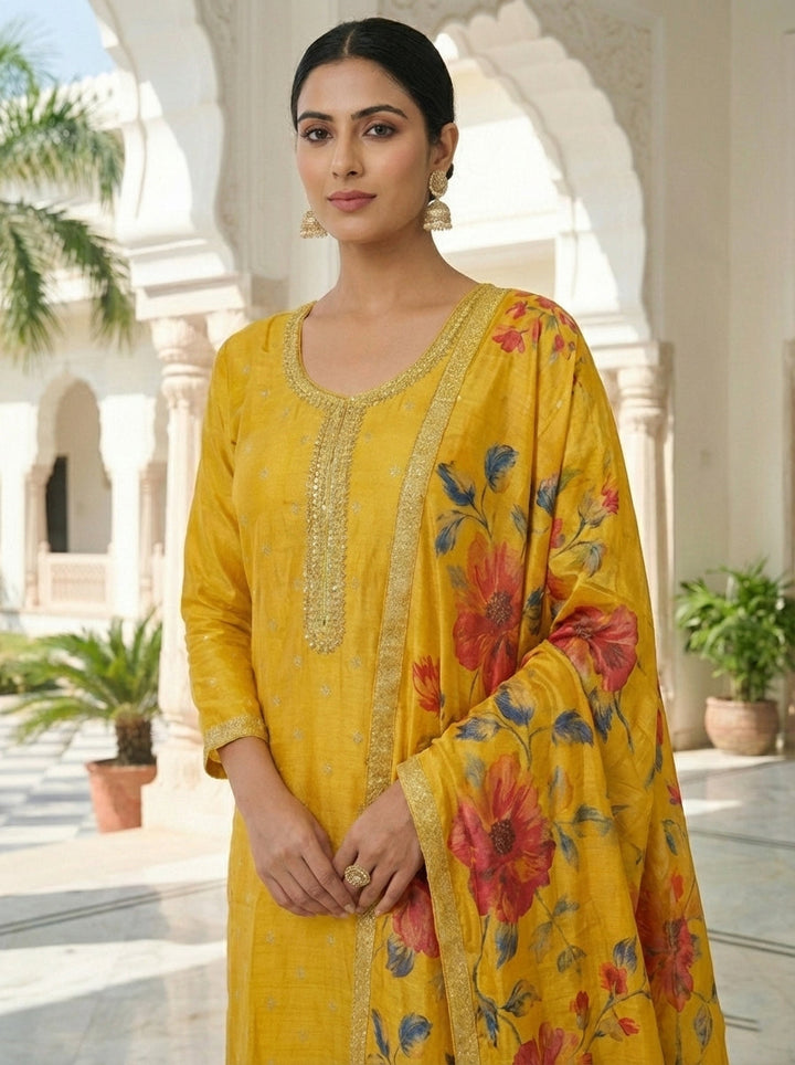 Neerus Yellow silk digital printed suit set - back view