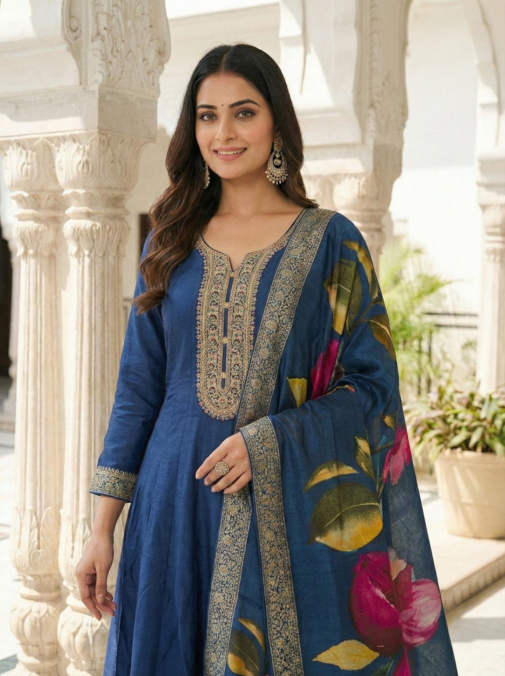 Neerus Blue silk digital printed suit set - back view