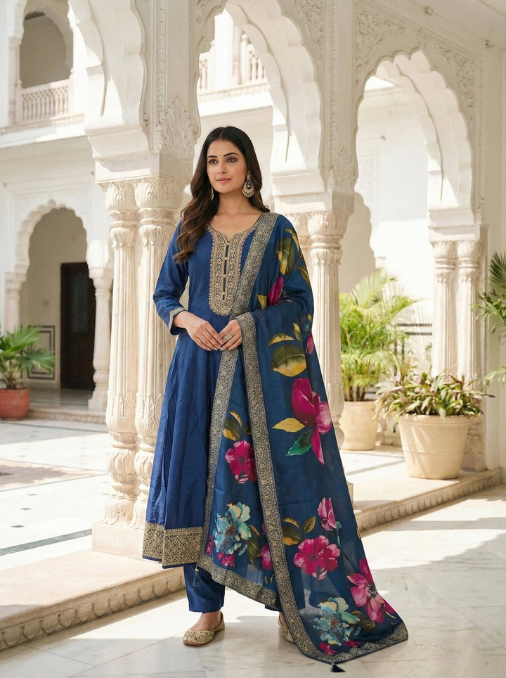 Neerus Blue silk digital printed suit set - front view