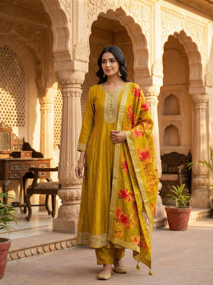 Neerus Yellow silk hand embroidered floral suit set - front view