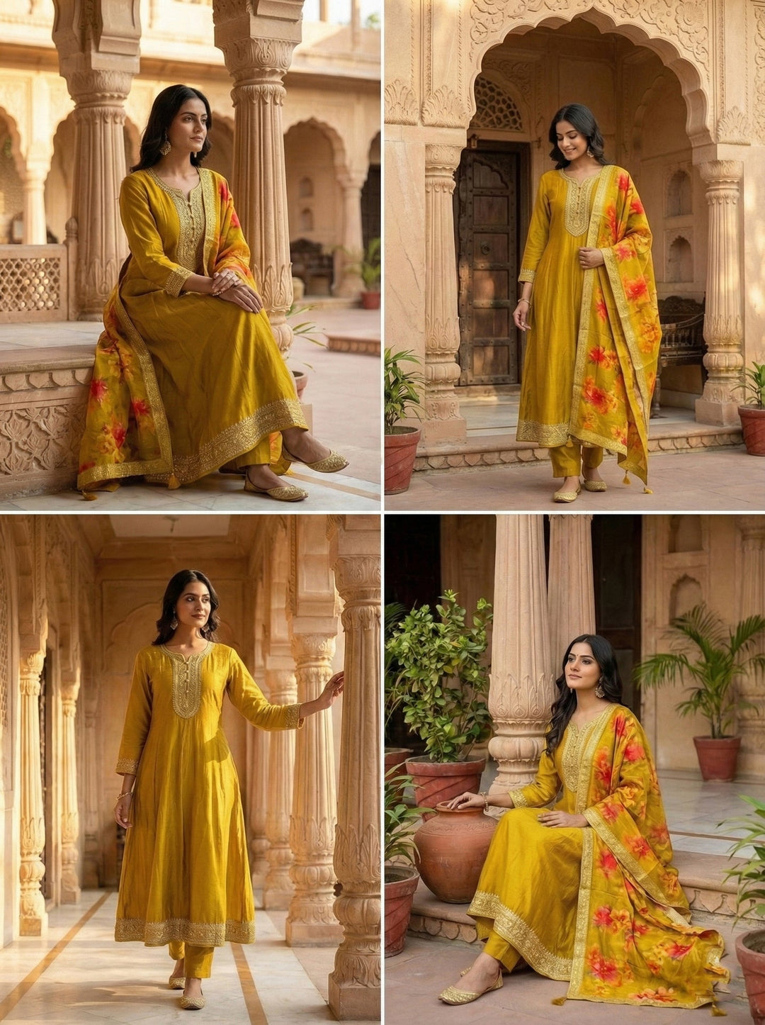 Neerus Yellow silk hand embroidered floral suit set - back view