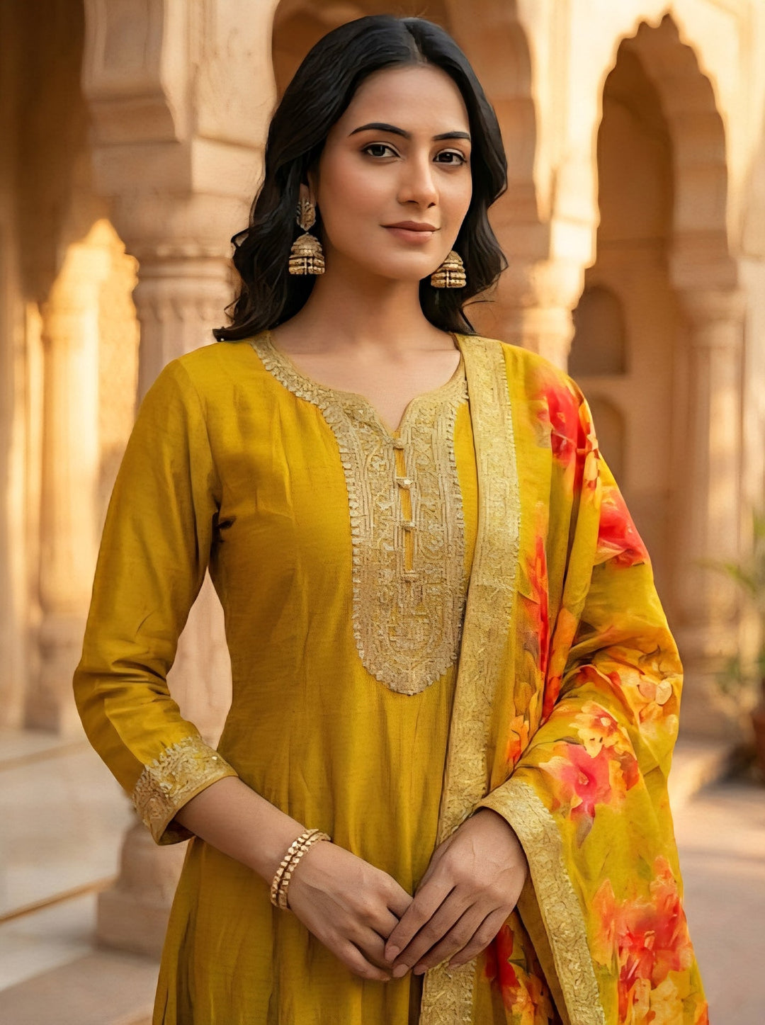 Neerus Yellow silk hand embroidered floral suit set - side view