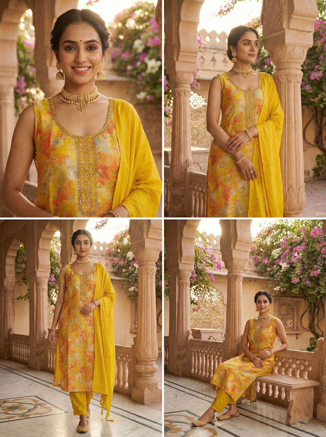 Neerus Yellow tissue digital printed suit set - back view