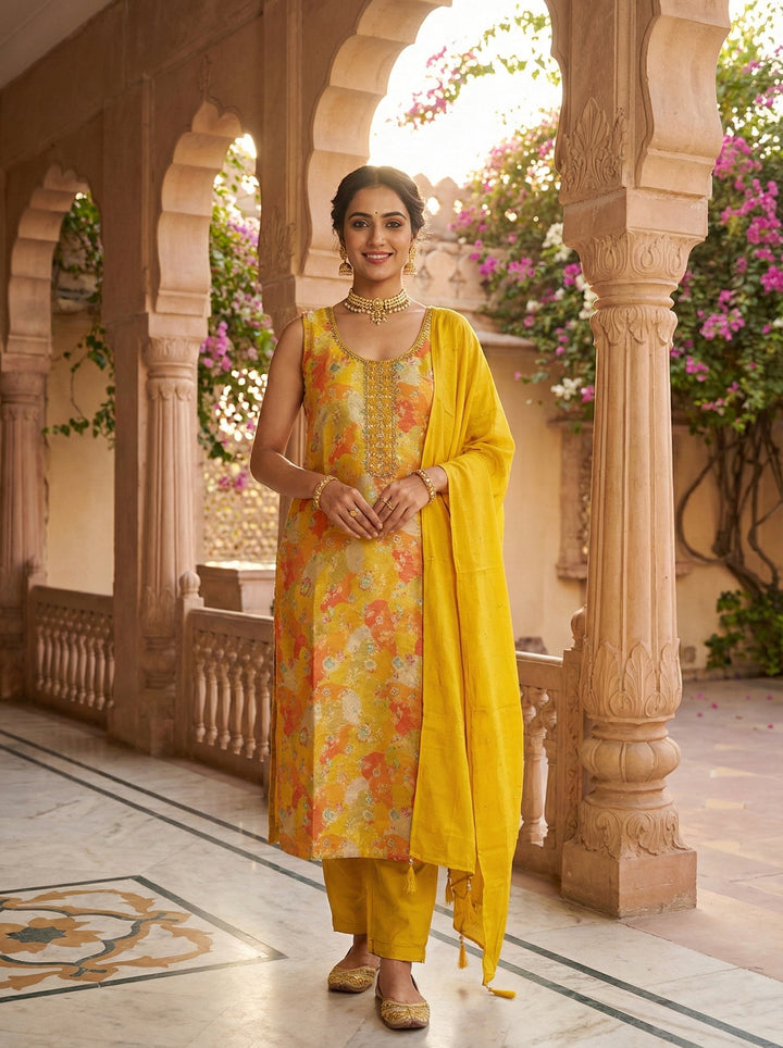 Neerus Yellow tissue digital printed suit set - front view