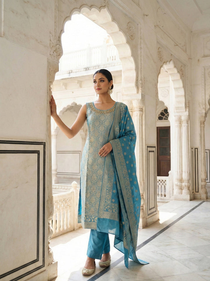 Neerus Blue Banarasi hand embroidered suit set - back view