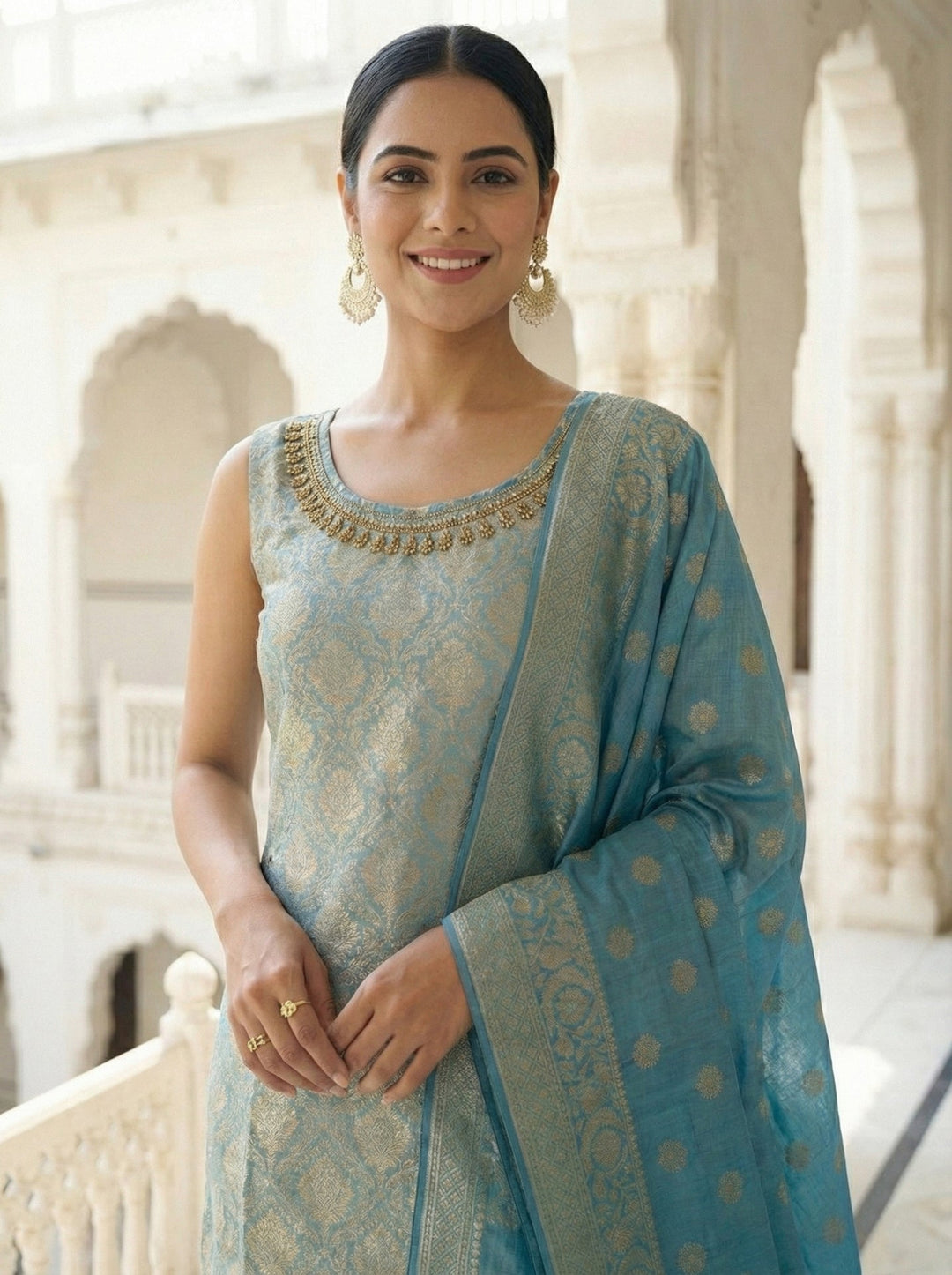 Neerus Blue Banarasi hand embroidered suit set - side view