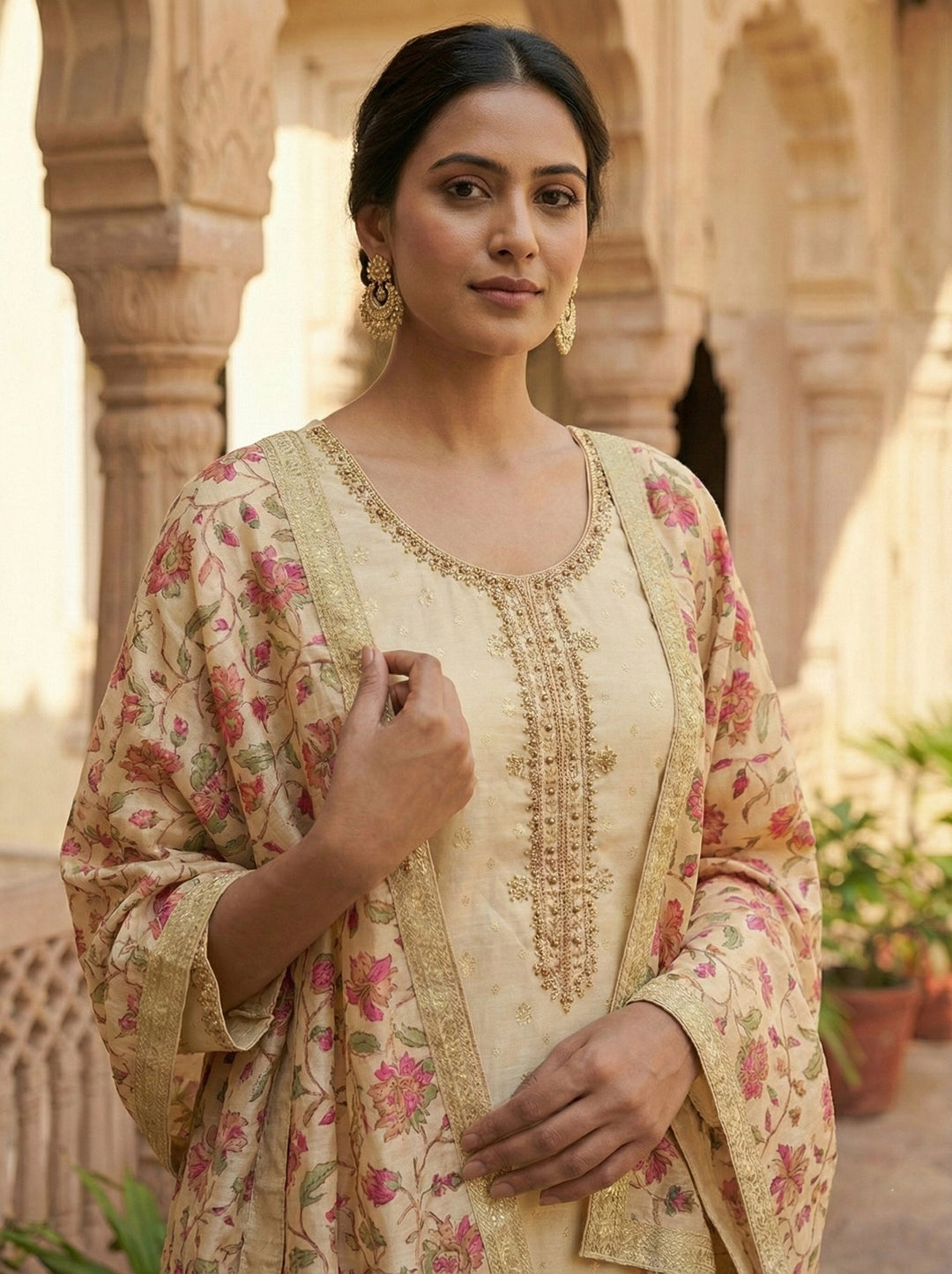 Neerus Beige silk digital printed suit set - back view