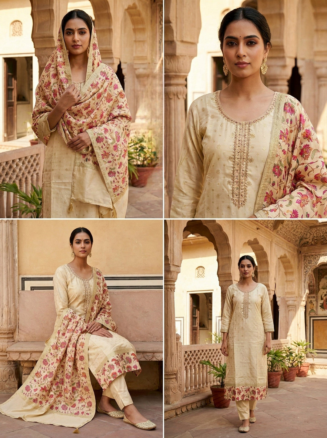 Neerus Beige silk digital printed suit set - side view