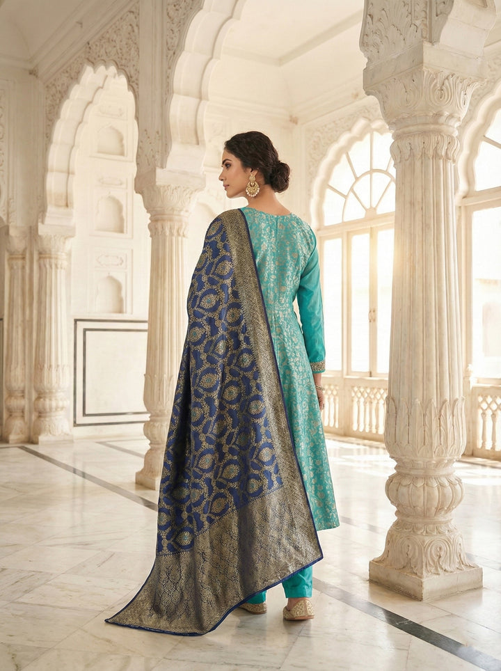 Neerus Blue Banarasi embroidered suit set - side view