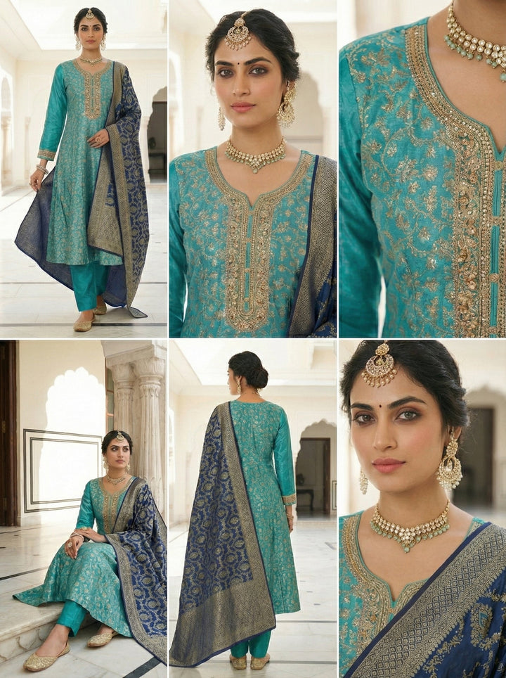 Neerus Blue Banarasi embroidered suit set - back view
