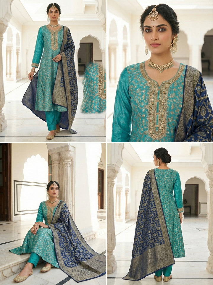 Neerus Blue Banarasi embroidered suit set - detail view 1
