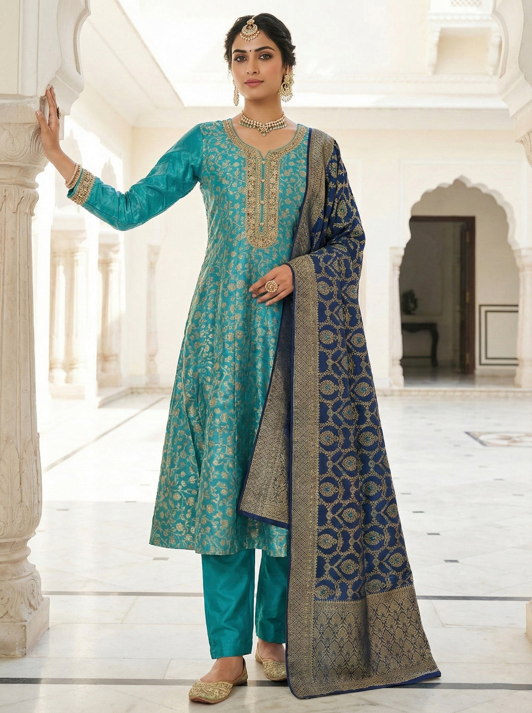 Neerus Blue Banarasi embroidered suit set - front view
