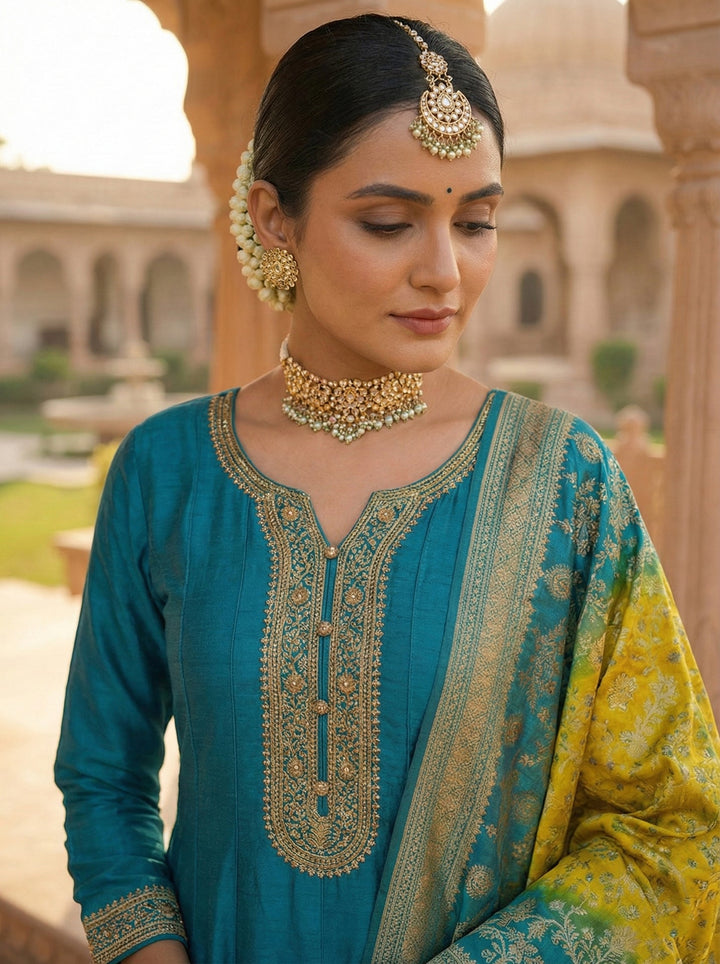 Neerus Green silk hand embroidered suit set - back view