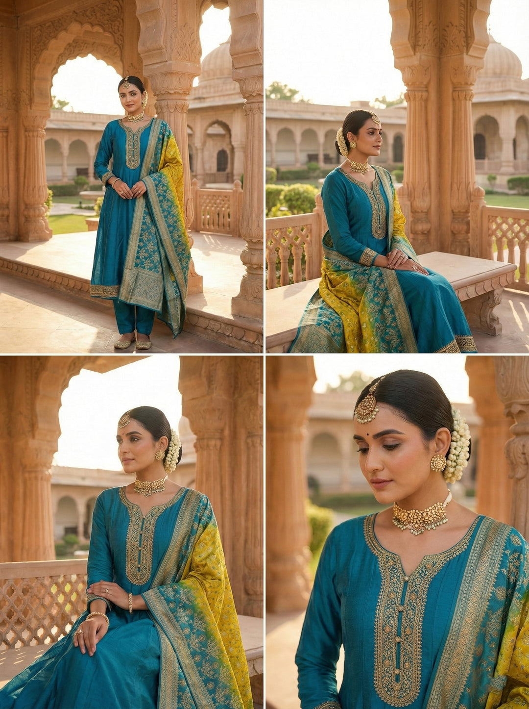 Neerus Green silk hand embroidered suit set - side view