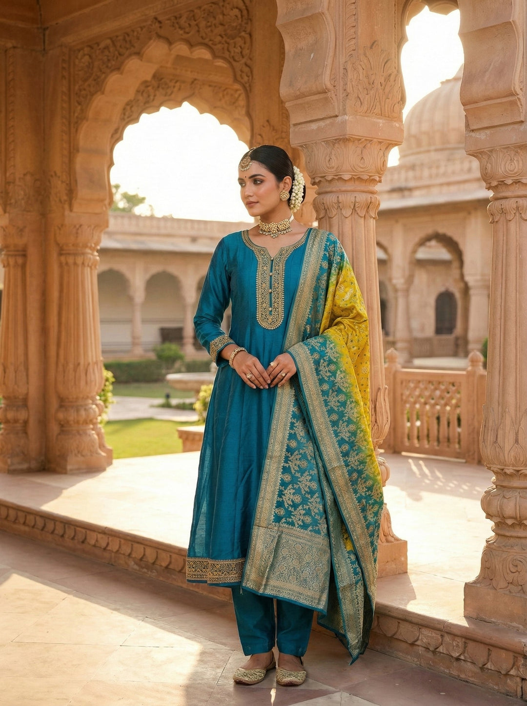 Neerus Green silk hand embroidered suit set - front view