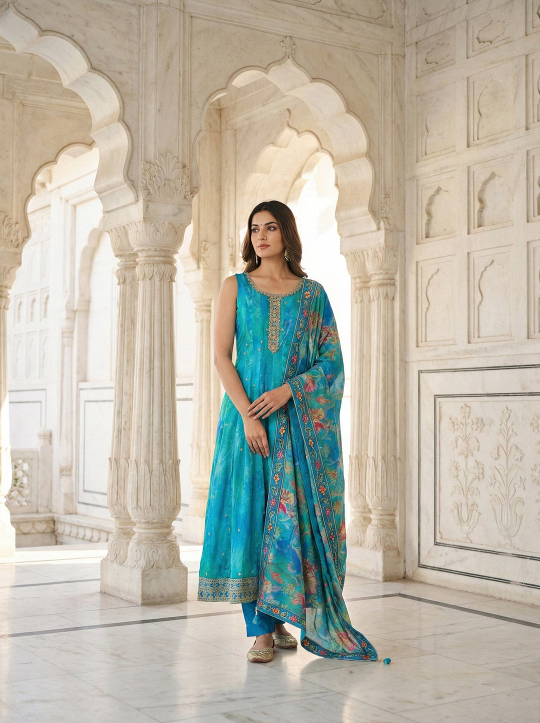Neerus Blue Silk Digital Printed Suit Set - front view