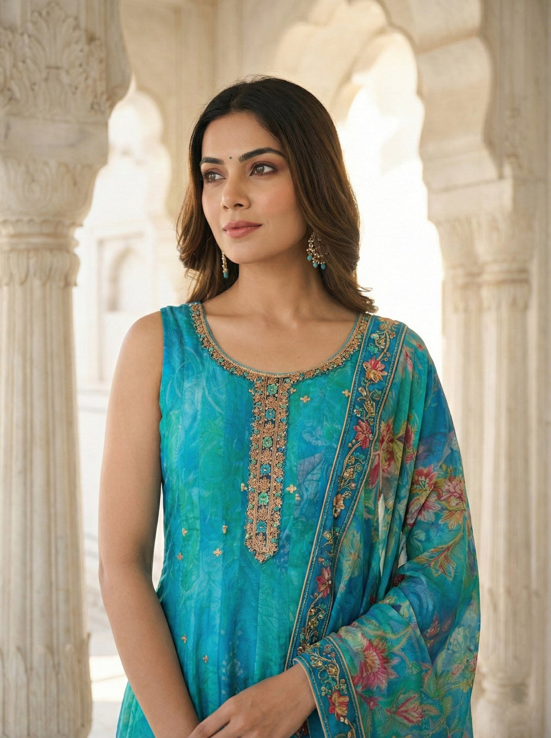 Neerus Blue Silk Digital Printed Suit Set - back view