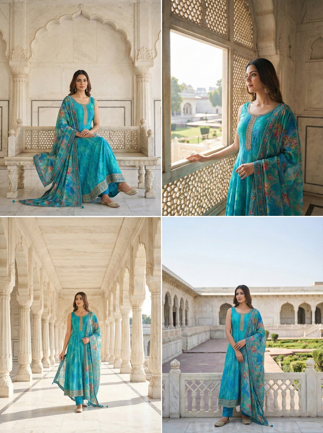 Neerus Blue Silk Digital Printed Suit Set - side view