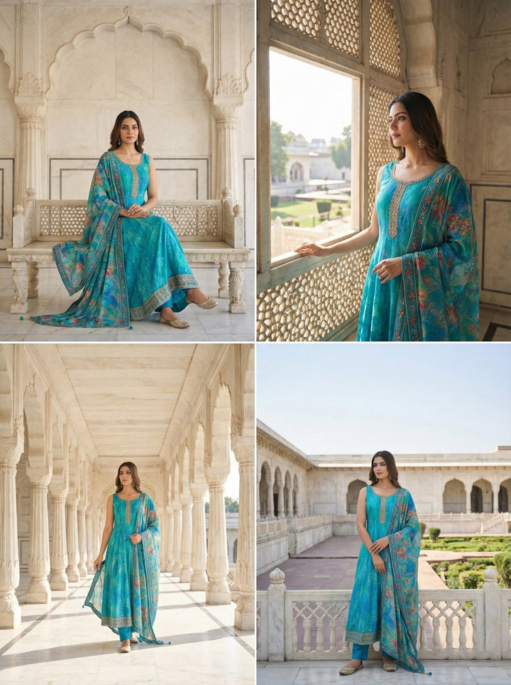Neerus Blue Silk Digital Printed Suit Set - side view
