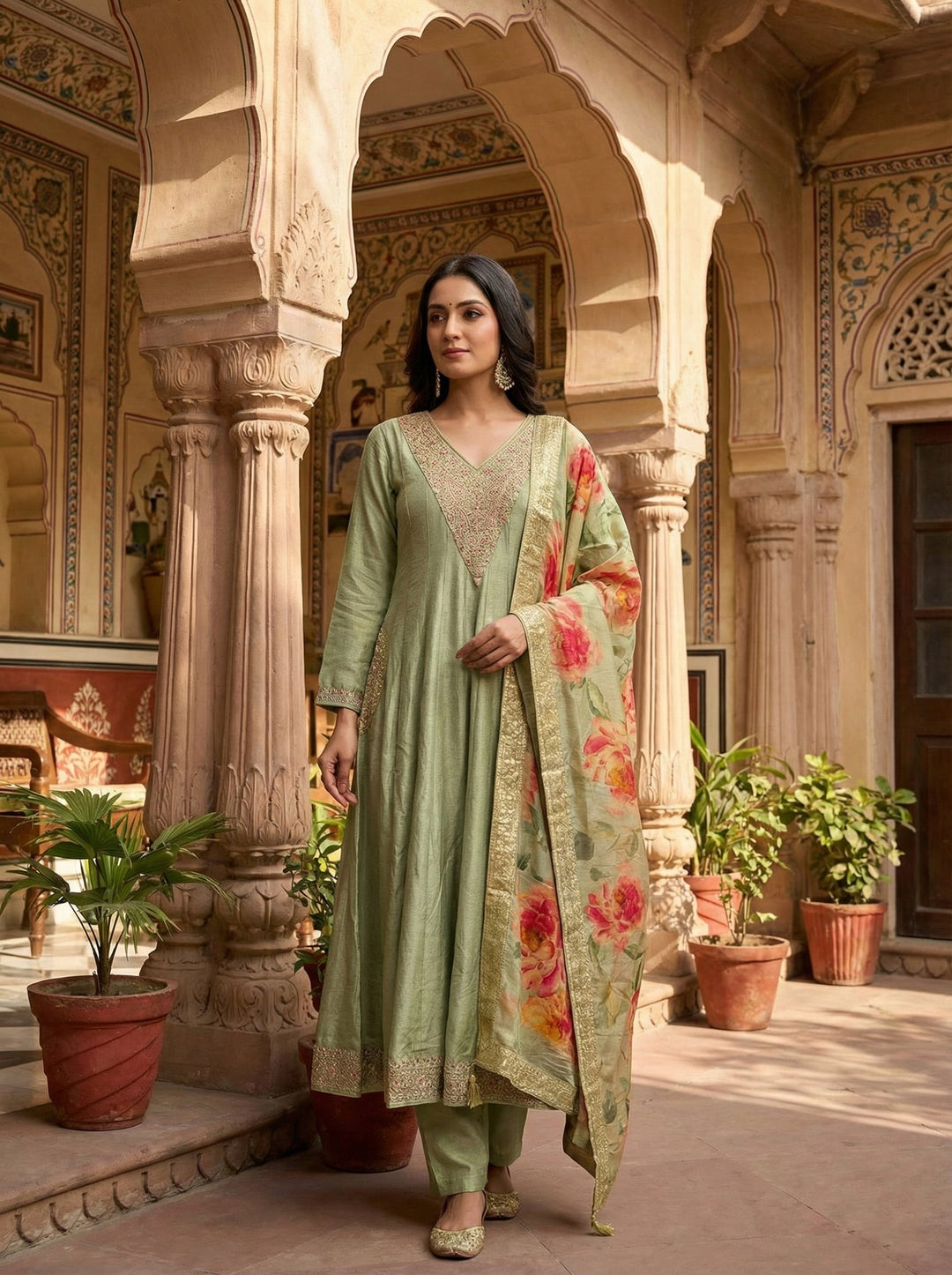 Neerus Green silk hand embroidered suit set - front view