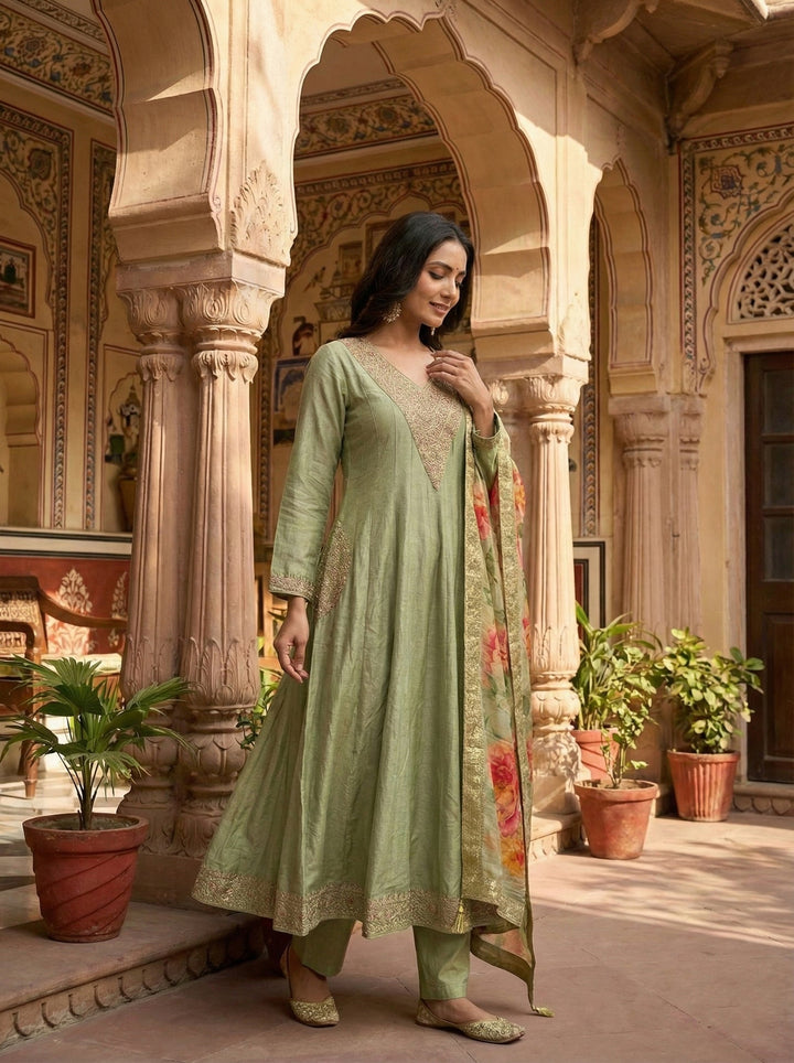 Neerus Green silk hand embroidered suit set - side view