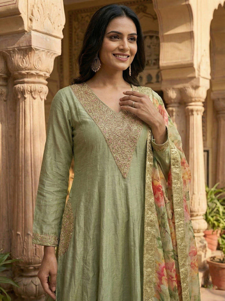 Neerus Green silk hand embroidered suit set - back view
