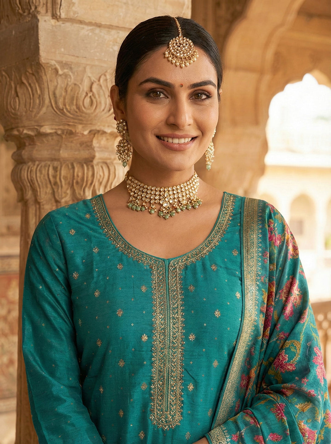 Neerus Green silk embroidered suit set - back view