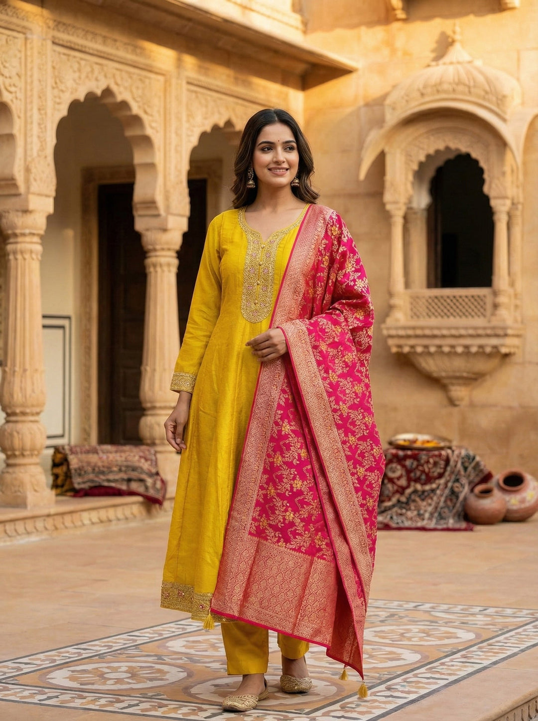 Neerus Yellow digital printed suit set ethnic wear - back view
