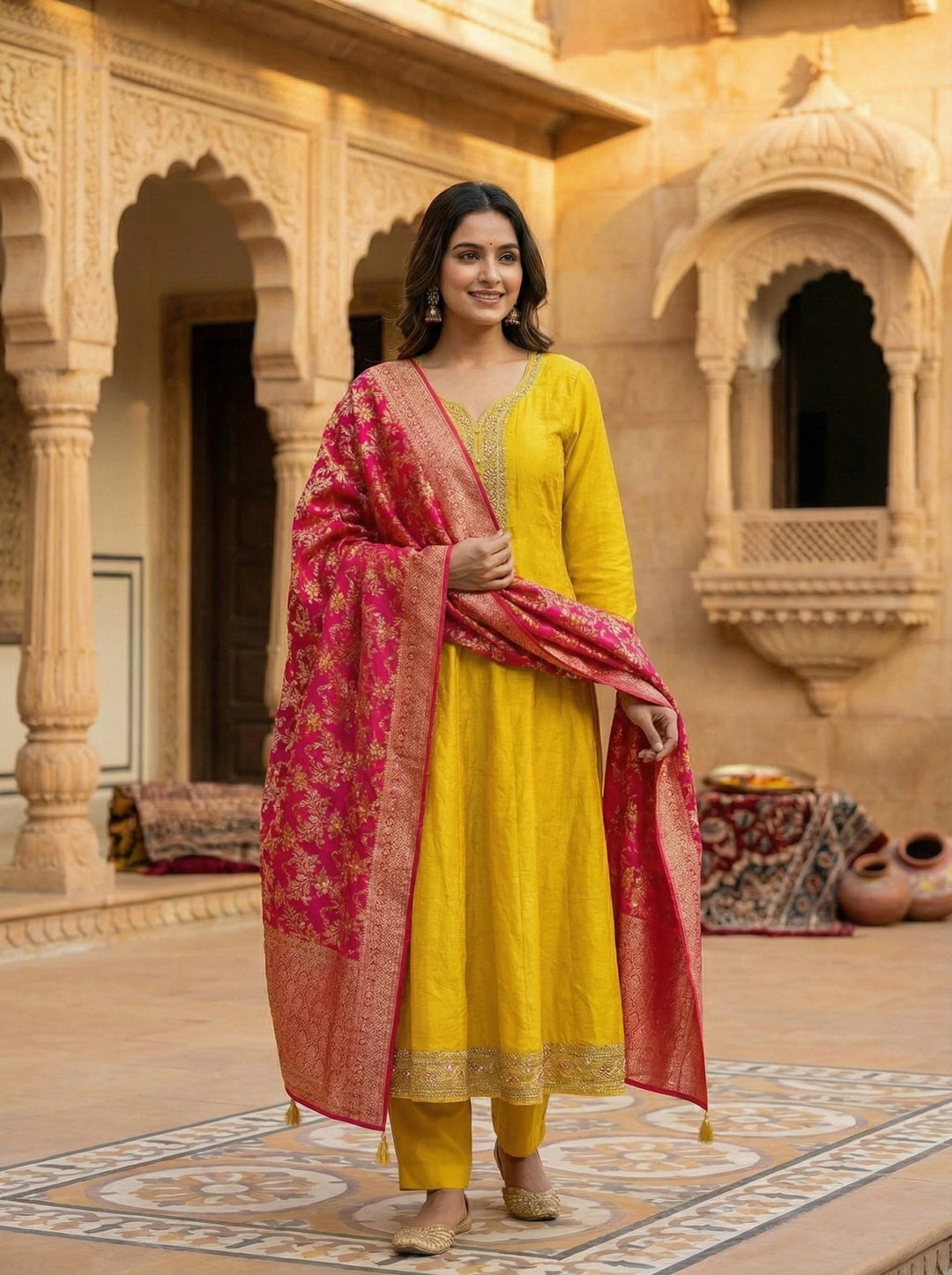 Neerus Yellow digital printed suit set ethnic wear - front view