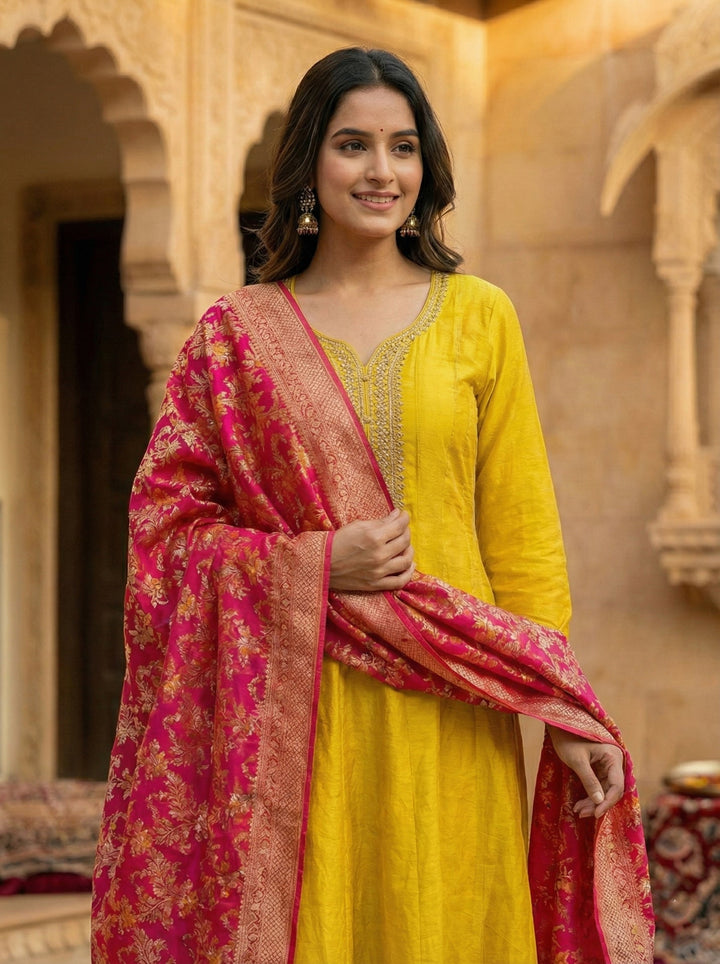 Neerus Yellow digital printed suit set ethnic wear - side view