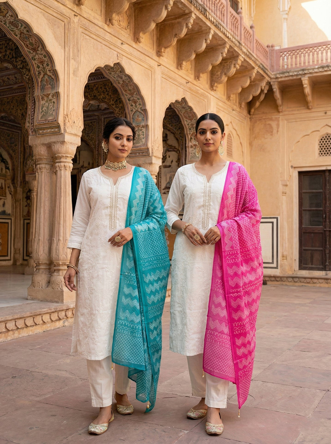 Neerus White silk hand embroidered suit set - side view