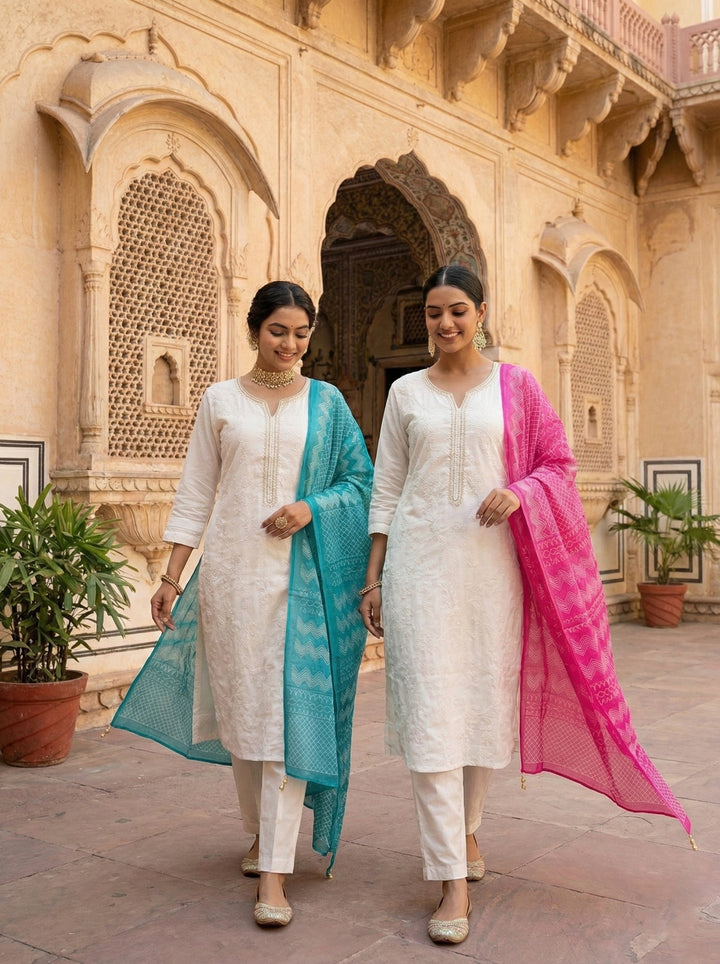 Neerus White silk hand embroidered suit set - detail view 1