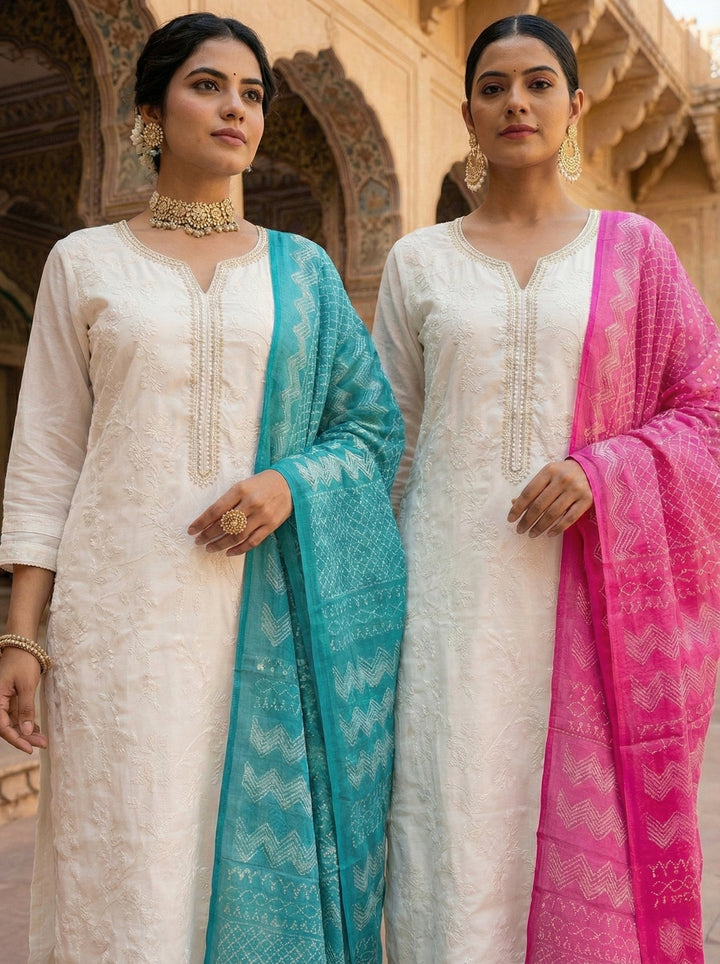 Neerus White silk hand embroidered suit set - detail view 2