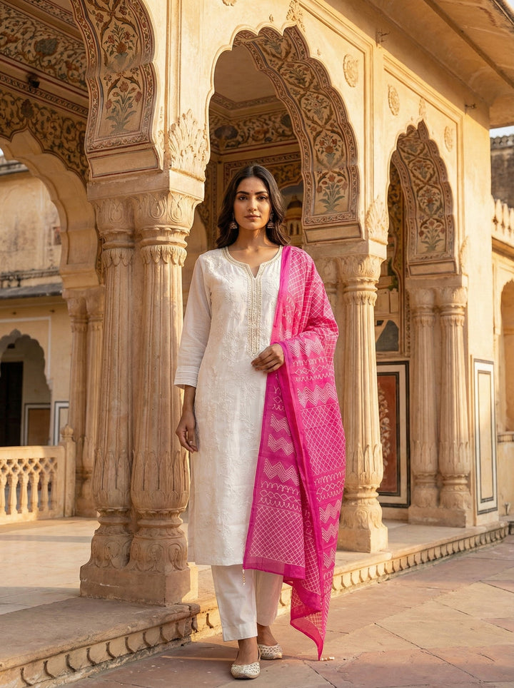 Neerus White silk hand embroidered suit set - front view