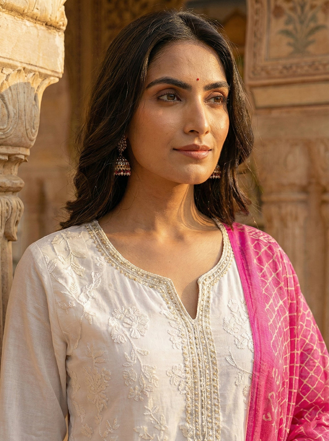 Neerus White silk hand embroidered suit set - back view