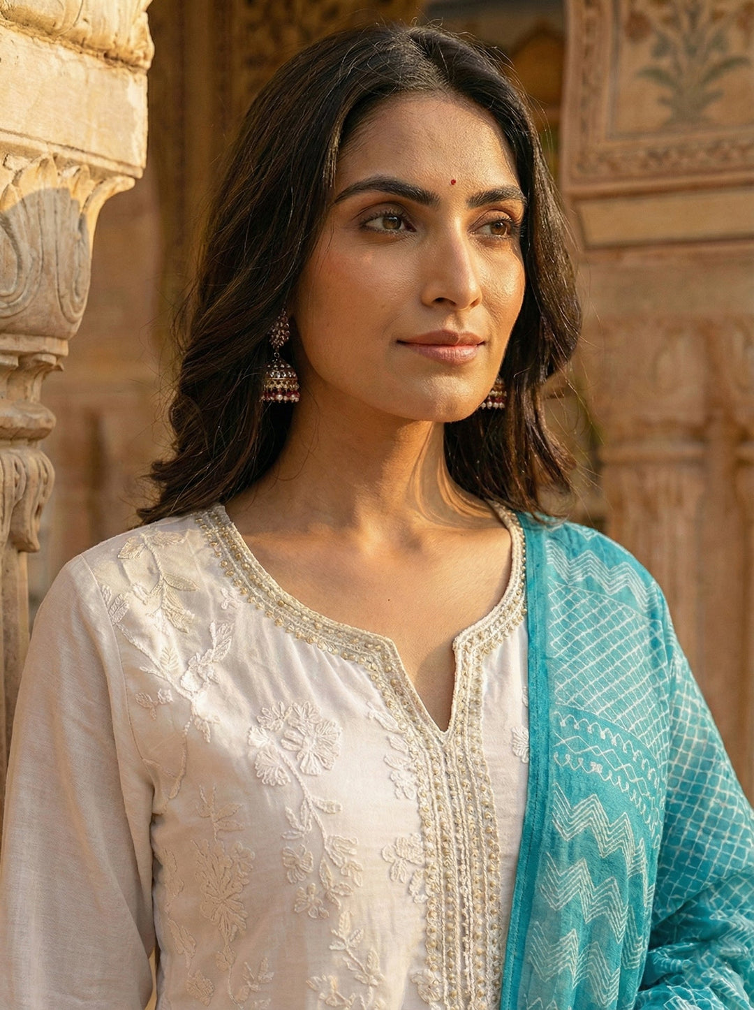 Neerus White silk hand embroidered suit set - back view