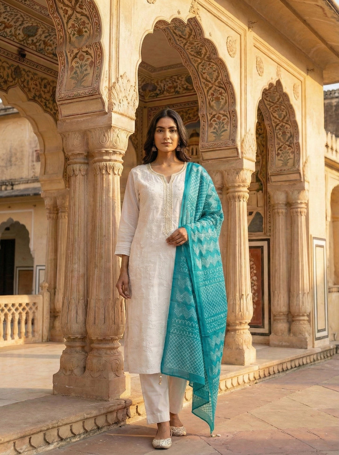 Neerus White silk hand embroidered suit set - front view