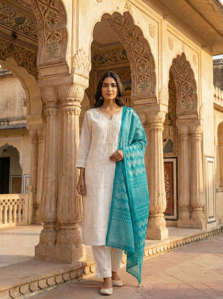 Neerus White silk hand embroidered suit set - front view