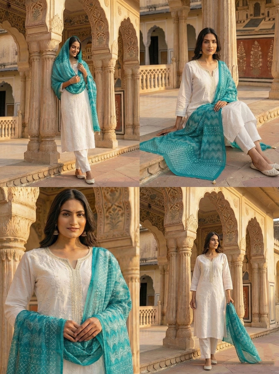 Neerus White silk hand embroidered suit set - side view