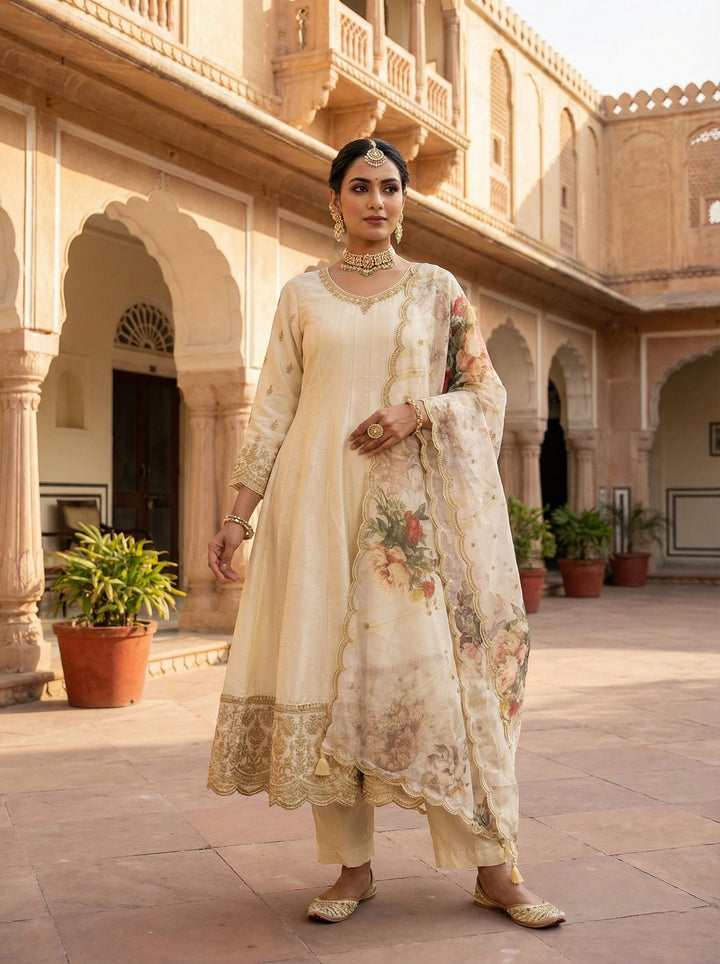 Neerus Beige silk digital printed suit set - front view
