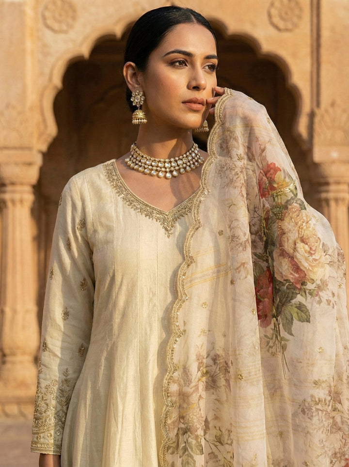 Neerus Beige silk digital printed suit set - side view