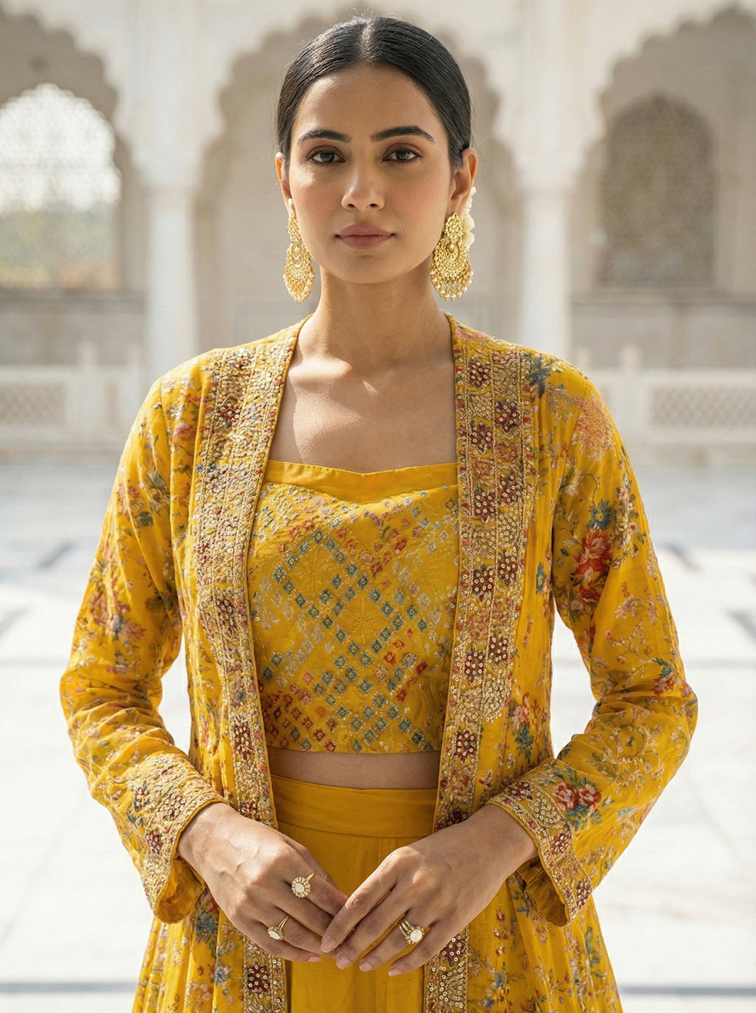 Neerus Yellow chinon embellished co-ord set with jacket - side view