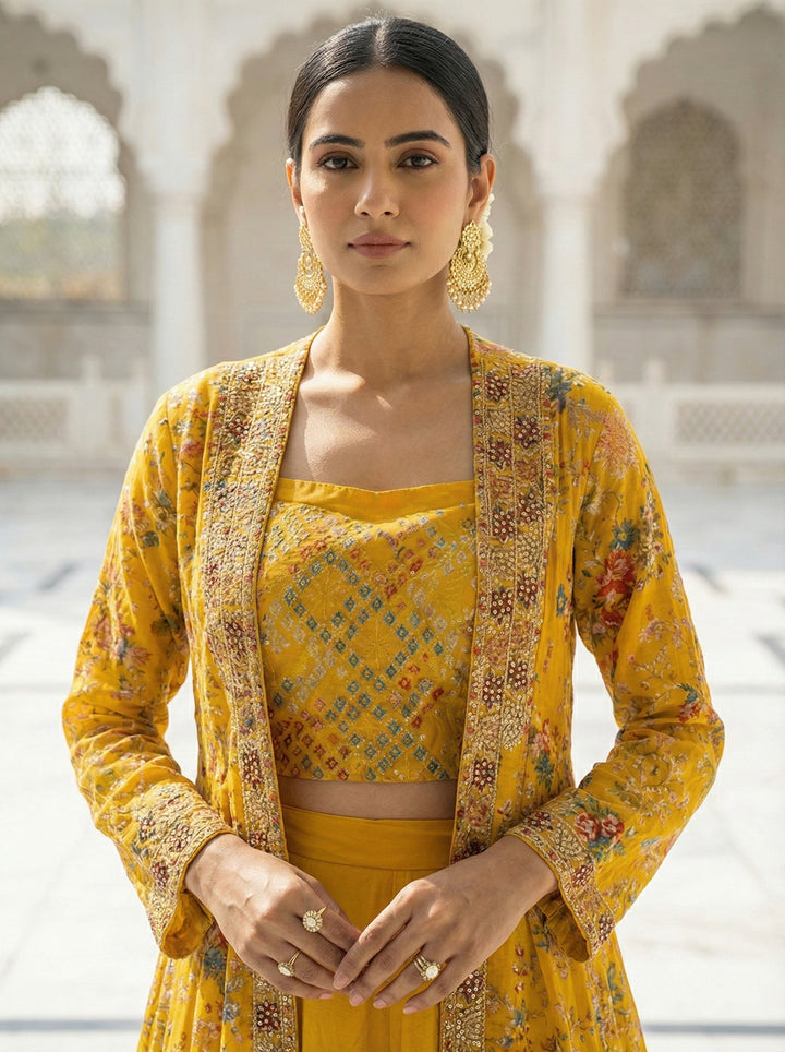 Neerus Yellow chinon embellished co-ord set with jacket - side view