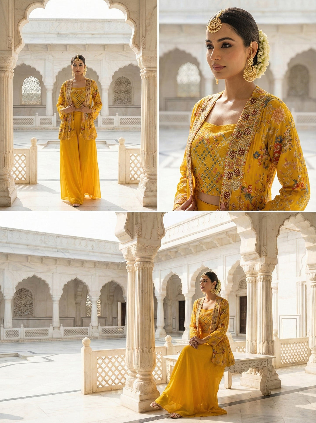 Neerus Yellow chinon embellished co-ord set with jacket - back view
