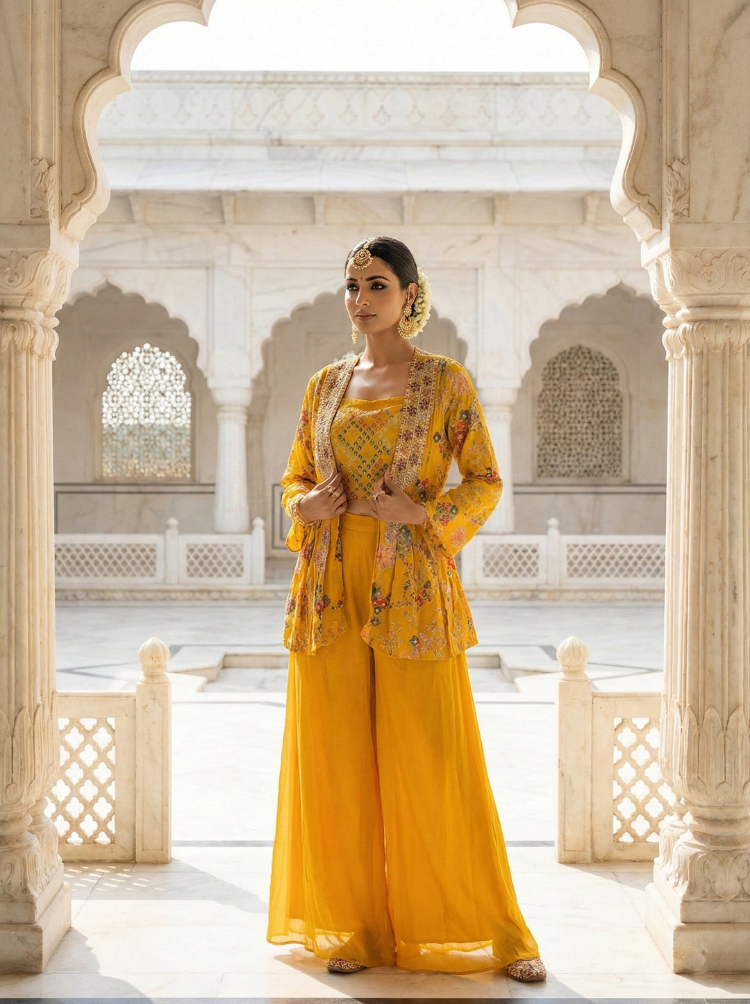 Neerus Yellow chinon embellished co-ord set with jacket - front view