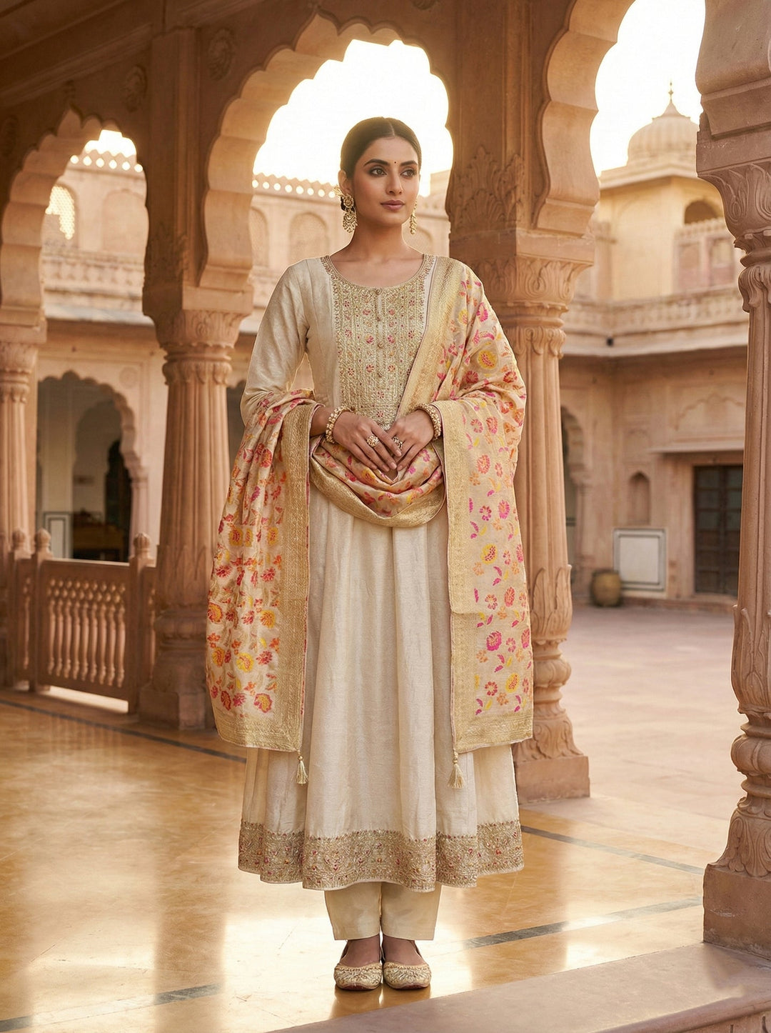 Neerus Beige silk hand embroidered suit set - front view