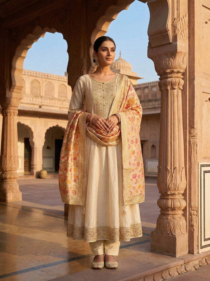 Neerus Beige silk hand embroidered suit set - back view