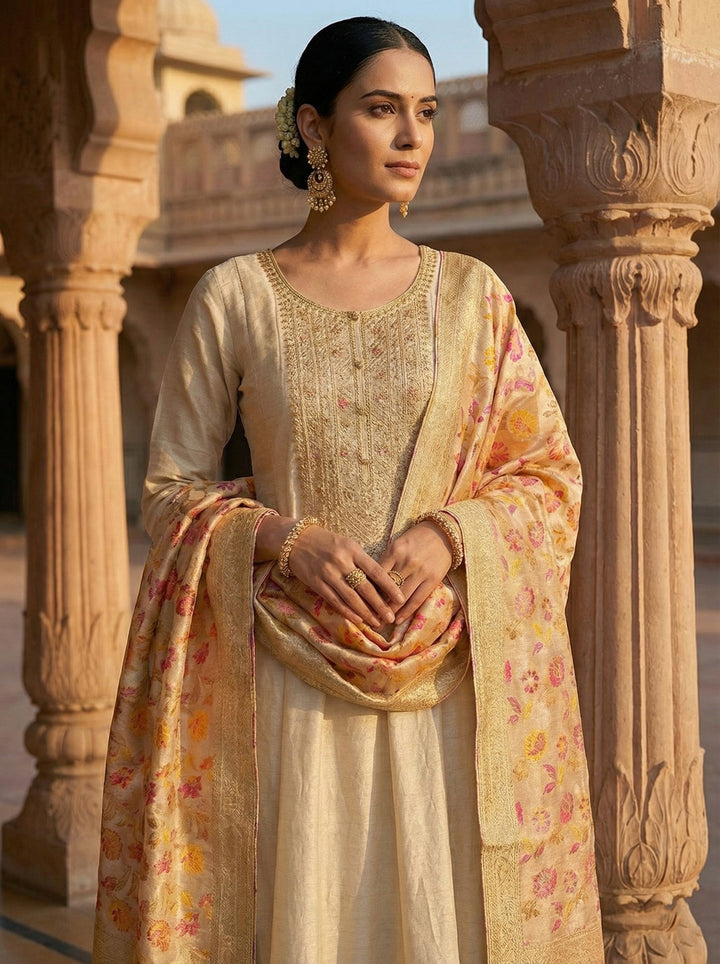 Neerus Beige silk hand embroidered suit set - side view