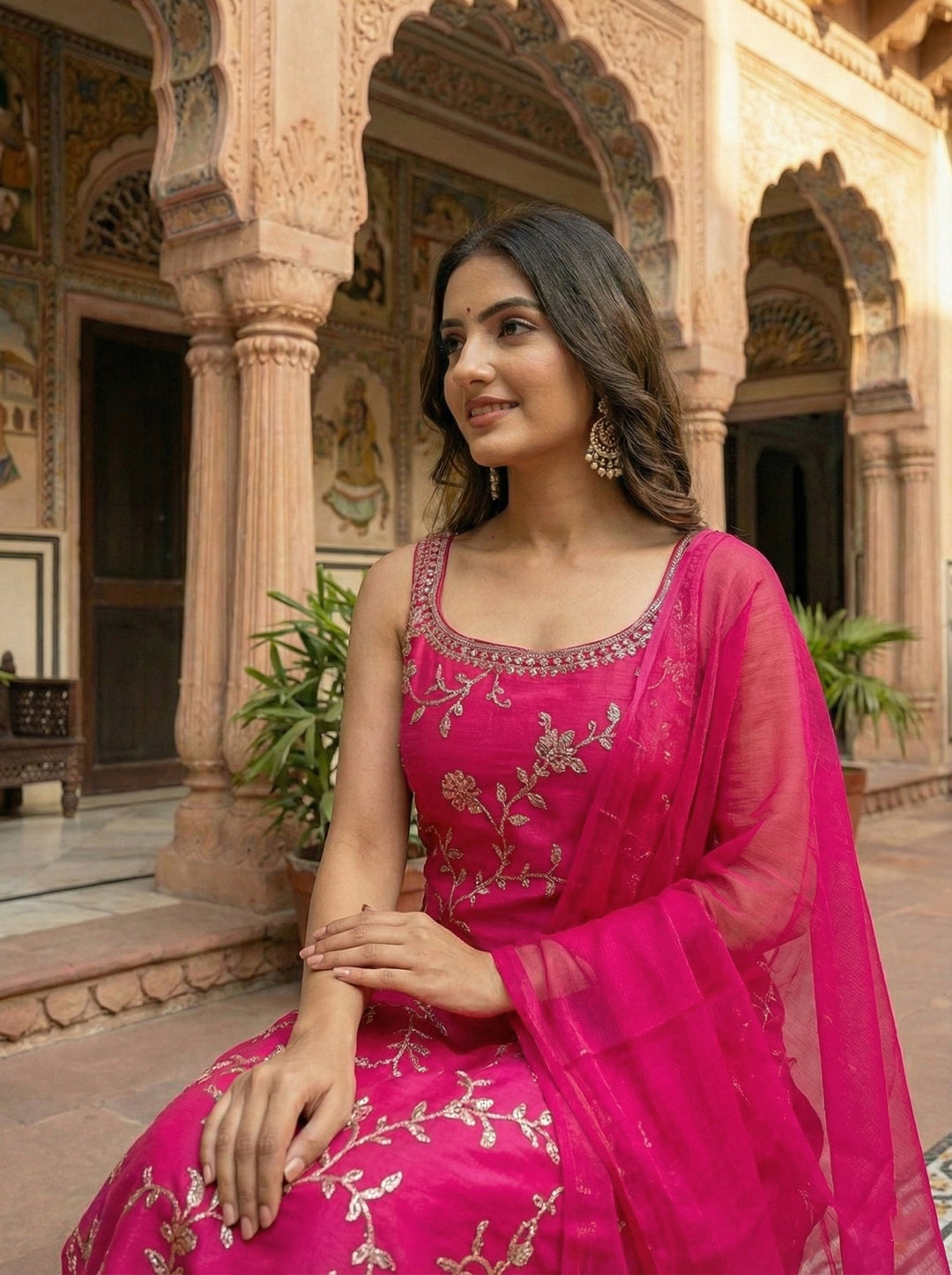 Neerus Pink Organza Hand Embroidered Suit Set - back view
